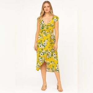 June & Hudson  Yellow Floral Midi Ruffle Wrap Summer Dress, Medium‎